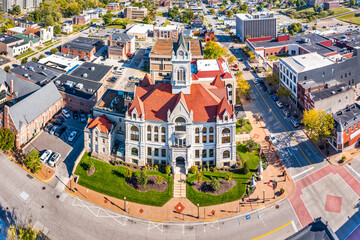 Aerial view of Cole County Courthouse and Jail-Sheriffs House in Jefferson City, Missouri....