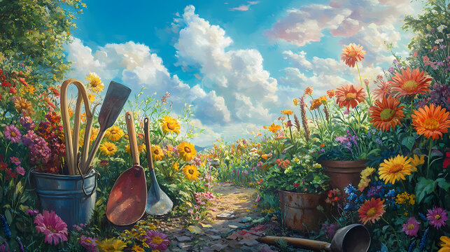 Amidst the vibrant tapestry of a sunlit meadow, a medley of gardening implements and vibrant blooms form a harmonious symphony of nature's artistry. Harmonious Nature Symphony. Illustration