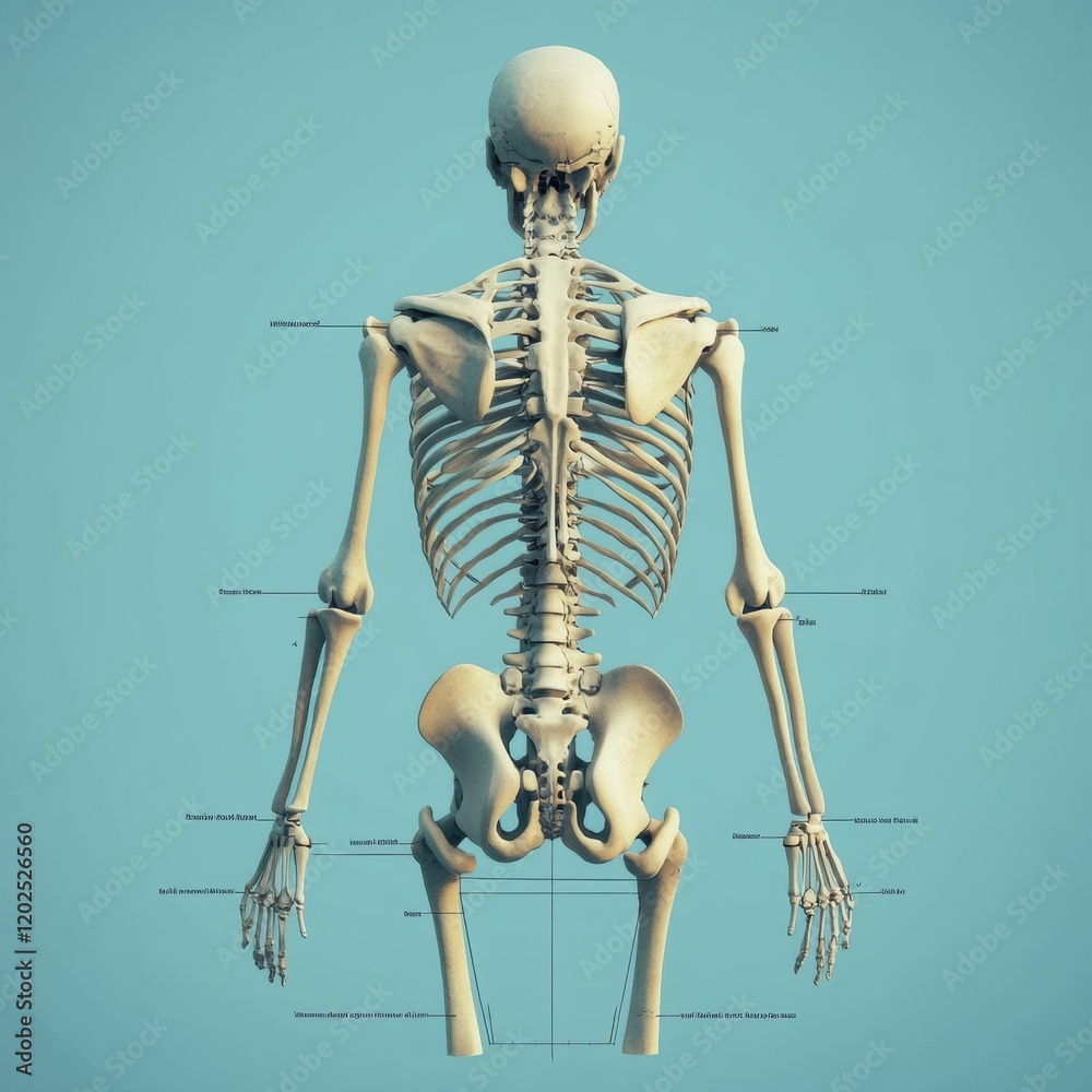 Poster detailed view of human skeleton anatomy from the back showing major bones and structure for educatio