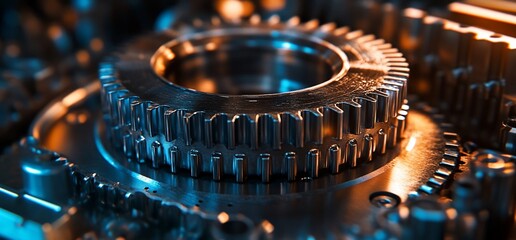 Close-up gears, intricate mechanism, industrial background, engineering concept