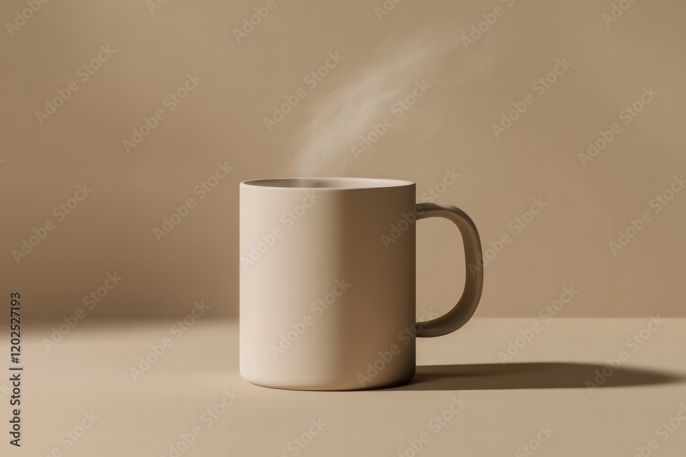 Poster Steaming mug on a simple table with a neutral background creating a minimalist aesthetic. Generative AI