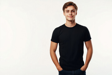 Front view of black t-shirt mockup on young handsome guy isolated on white background, hands in pockets
