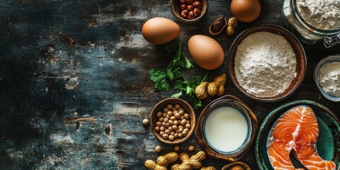 Diverse allergy-inducing foods on rustic surface