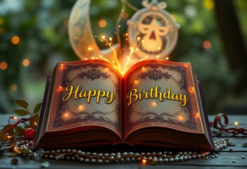 open book with glowing lights saying Happy Birthday