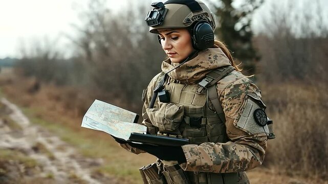 1_Woman in Tactical Gear Giving Orders on Battlefield Holding Map and Radio