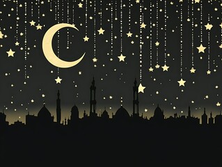 Naklejka premium Crescent Moon Cityscape Starry Night Scene