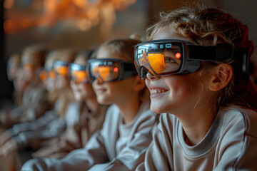 Young diverse group wearing virtual reality headsets experiencing immersive technology in modern educational or entertainment setting with warm ambient lighting.