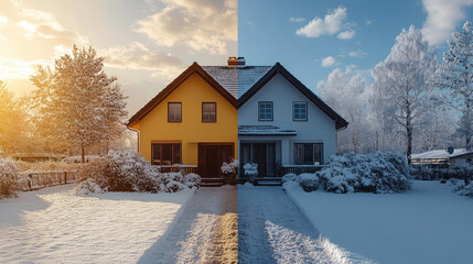 photo of a house divided into two seasons, cold winter and warm summer