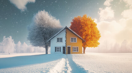 photo of a house divided into two seasons, cold winter and warm summer
