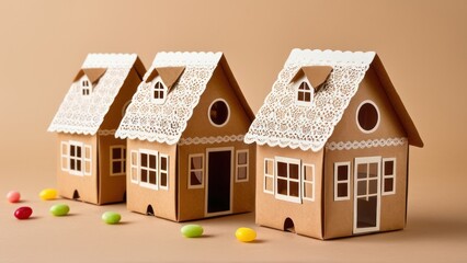 Charming house-shaped bonbonniere with lace details and candies, perfect for parties and events.