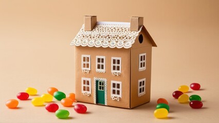 Adorable bonbonniere designed as a house, filled with vibrant candies, perfect for favors.