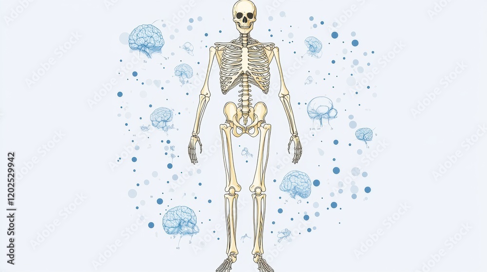 Poster Illustration of a human skeleton surrounded by brain representations in a scientific context. Generative AI