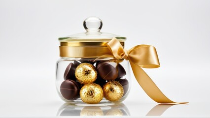 Luxurious glass bonbonniere jar with golden chocolates and satin bow, perfect for gifting.