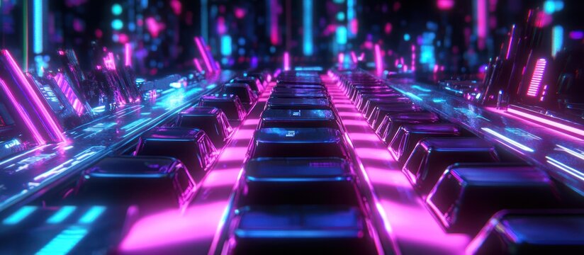 Futuristic neon keyboard keys glowing in vibrant pink and blue light. - Powered by Adobe