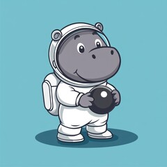 Fototapeta premium Cartoon hippo astronaut in white spacesuit holds ball on light blue background