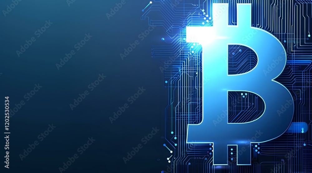 Poster glowing blue bitcoin symbol on dark background with digital circuit pattern, perfect for cryptocurre