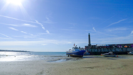 Margate, England: Lighthouse, Pier, Low Tide, and the City Coastline 09 17 2012