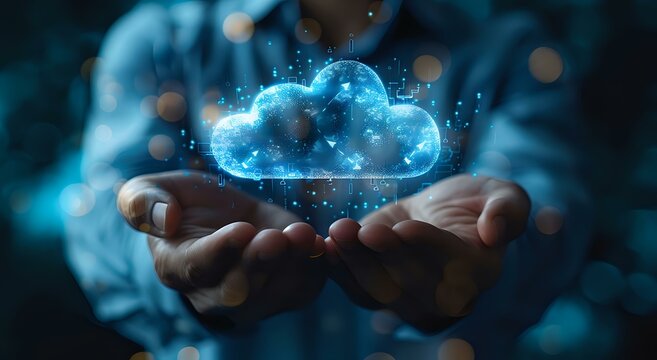 Digital cloud computing concept with glowing blue hologram floating above cupped hands, perfect for technology and innovation presentations or cloud storage services.