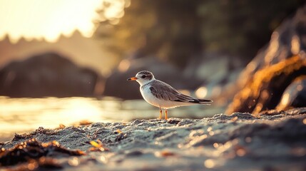   A seagull stands on the sand at the beach with the sun shining through the trees behind it