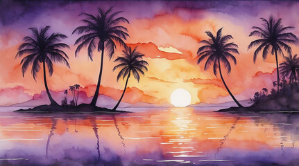 Vivid watercolor sunset scene with silhouetted palm trees against an orange and purple sky, calm ocean reflecting warm hues