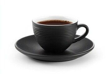 Fototapeta premium Black coffee cup saucer studio shot, isolated white background, morning beverage