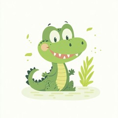 Fototapeta premium Cartoon alligator sitting on ground with plant, for use in kid's books and decoration