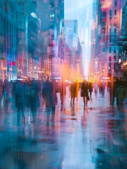 Obraz premium Atmospheric urban nightscape with neon reflections on wet city streets, perfect for modern lifestyle and urban design projects. Blurred silhouettes create dreamy motion effect.