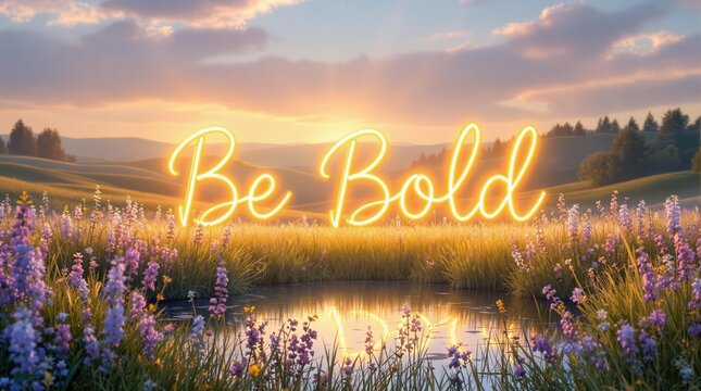 Heartwarming Boldness: 'Be Bold' Illuminated in a Serene Sunset Meadow