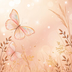 Elegant Pastel Butterflies In Soft Peach And Cream Background With Golden Sparkles, Whimsical, Ideal For Invitations, Feminine Branding, Spring-Themed Designs, Evokes Grace And Delicacy.