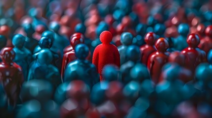 Standing out from the crowd concept with red figure among blue figures, leadership and individuality metaphor for business strategy and unique personal branding.