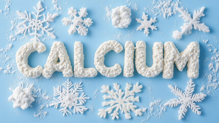 Word 'Calcium' made of cottage cheese surrounded by snowflakes on a light blue background. Dairy products winter theme