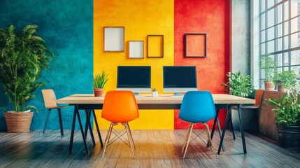 Colorful Modern Workspace with Vibrant Walls and Cozy Decor