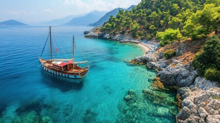 Wooden sailboat anchored in a secluded turquoise cove with rocky shores and lush greenery.