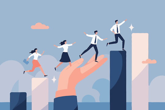 Growth assistance, support or help to success, growing business, career path or leadership helping employee achievement, manager support concept, businessman hand help people climb growth graph.