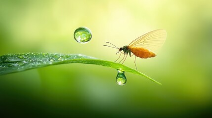 Naklejka premium Close-Up of a Delicate Insect Perched on a Leaf with Dew Drops Under Soft Natural Light in an Abundant Green Environment