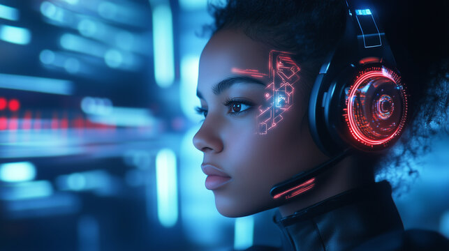 A close-up of a futuristic woman wearing a digital headset with intricate glowing designs, her serene expression reflecting the seamless integration of AI technology and human inte