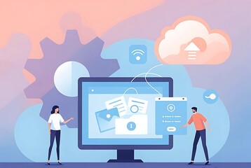 technology cloud storage backup. business cloud computing and datacenter security concept. with administrator and developer team. flat vector illustration design.