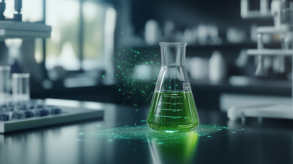 A radiant green liquid in a flask placed on a modern lab bench, with holographic data floating around, symbolizing the intersection of science, innovation, and sustainability