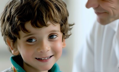Close-up portrait of a cheerful young boy with curly brown hair and bright blue eyes wearing turquoise shirt, showing genuine smile. Perfect for family, childhood, or healthcare advertising.
