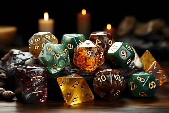 Colorful polyhedral dice for tabletop gaming with glowing candles in dark atmospheric setting, perfect for fantasy roleplay backgrounds and game night promotions.