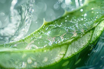 Fototapeta premium Macro shot of aloe vera leaf detailed water droplets highlighting freshness natural skincare hydration concept