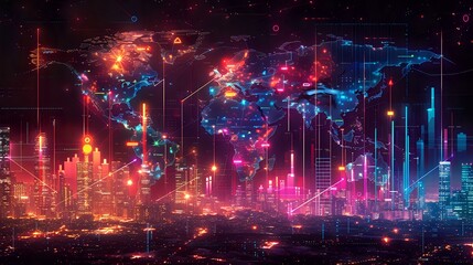 Obraz premium Futuristic cyberpunk cityscape with glowing neon world map projection above modern skyscrapers. Digital art visualization perfect for technology and global business concepts.