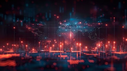 Fototapeta premium Futuristic digital world map visualization with glowing red data points and vertical connection lines. Perfect for technology, global network, and cybersecurity concepts.