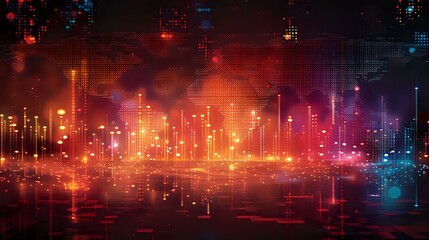 Fototapeta premium Futuristic digital audio equalizer visualization with glowing orange and blue lights reflecting on dark surface, perfect for music, technology or entertainment background design.