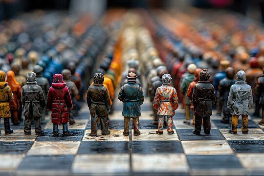 Diverse collection of miniature figures standing on a chess board, creating a powerful metaphor for strategy, leadership and social dynamics in business and society.