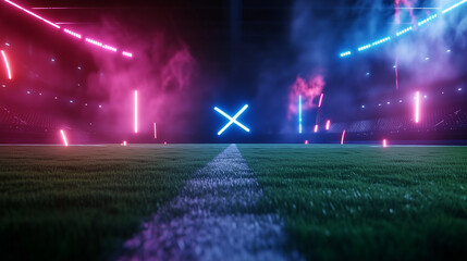 A futuristic sports competition background showcasing a high-tech football stadium with pulsating neon lights, a lush green field, and a bold versus logo illuminated between two te