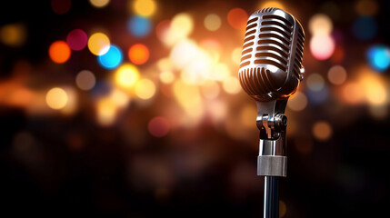 A retro-style microphone sharply contrasted against a bokeh background of vibrant stage lights, ideal for showcasing the fun and energy of an open mic or karaoke night