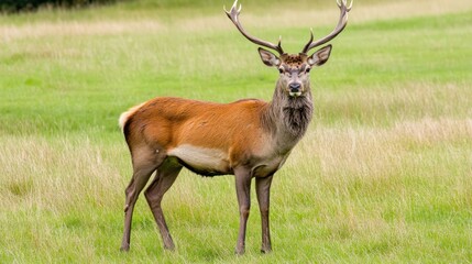 Fototapeta premium Majestic red deer stag in grassy parkland, wildlife, nature