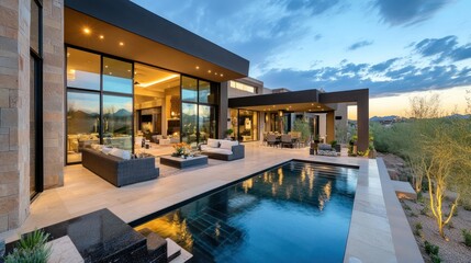 Fototapeta premium Luxury contemporary floor plan with a private courtyard, infinity pool, and expansive living areas