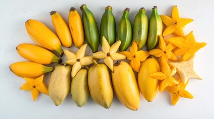 Arrangement of yellow and green bananas and star fruits on white background.